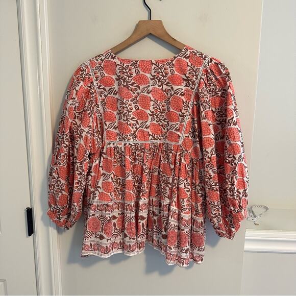 Tuckernuck Marea Pink White Floral Cotton Long Sleeve Tassel Block Print Top M - Picture 4 of 13